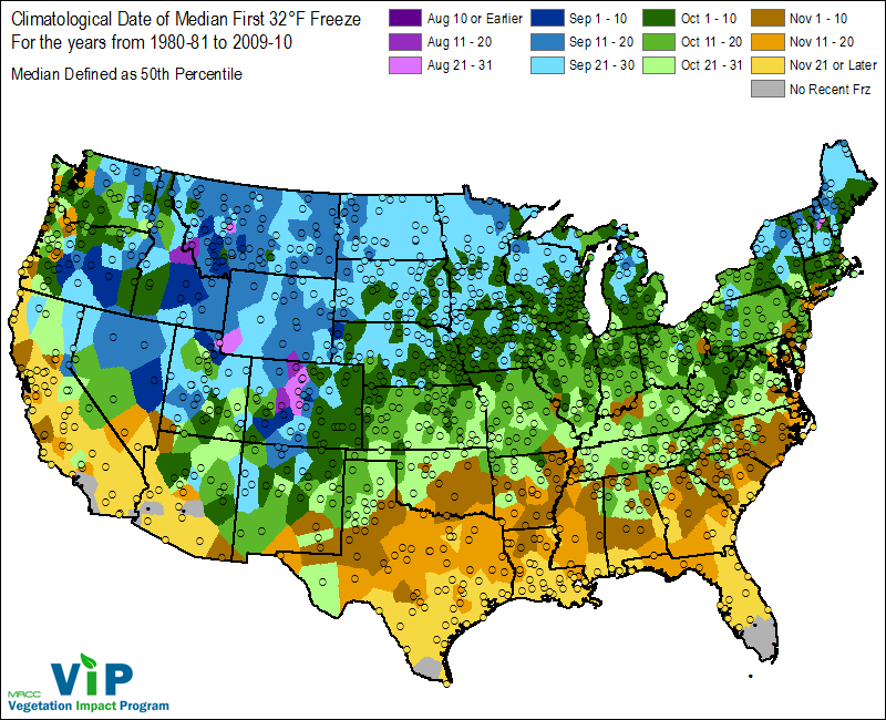 US Map showing average first frost dates.